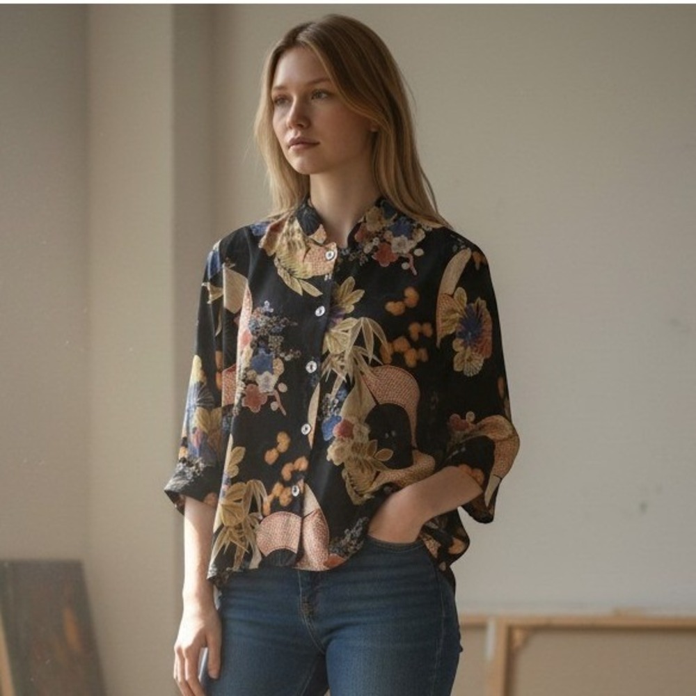 Clio Floral Fan Print Blouse Mandarin Collar Black Button Down Top 3/4 Sleeve